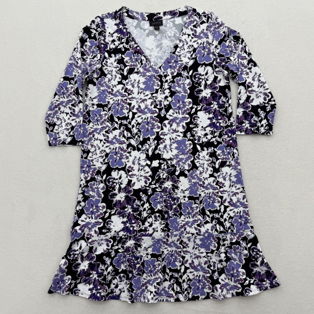 J Jill Wearever Floral Dress Women's Size S Small Black White Purple Comfort